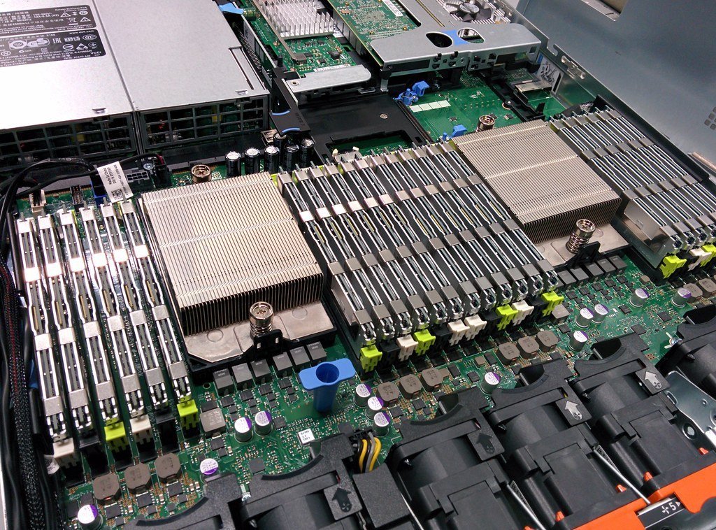 Close-up of server hardware and memory modules inside a data center rack