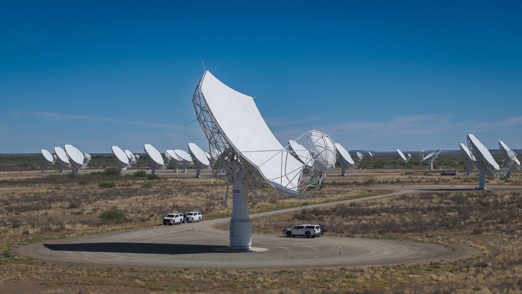 Radio telescope dishes of the MeerKAT array in South Africa's Karoo desert