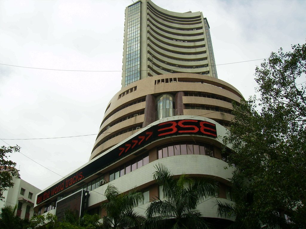 The Bombay Stock Exchange (BSE) building in Mumbai with its digital ticker display